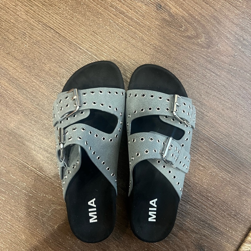 MIA Perforated Blue Gray Brooklyn Sandals Buckle Slides - NWT